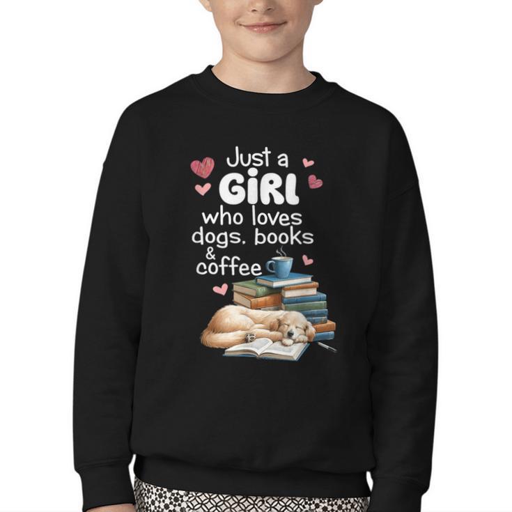Retro Just A Girl Who Love Dogs Books And Coffee Bookworm Youth Crewneck Sweatshirt