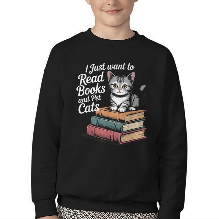 Retro I Just Want To Read Books And Pet Cats Cat For Men Women Kids Youth Crewneck Sweatshirt