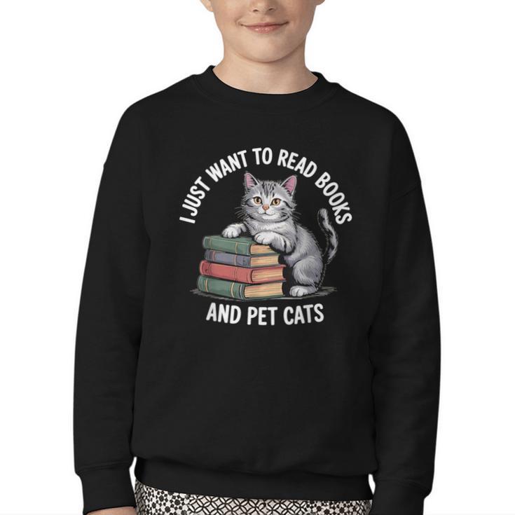 Retro I Just Want To Read Books And Pet Cats Youth Crewneck Sweatshirt