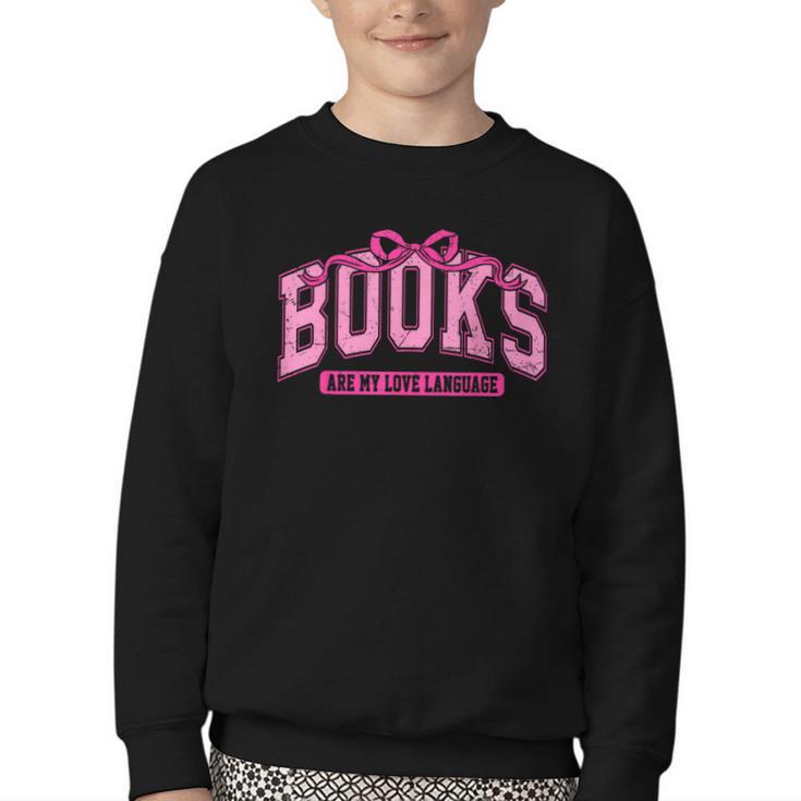 Retro Pink Coquette Bow Valentine Book Lover Varsity Youth Crewneck Sweatshirt