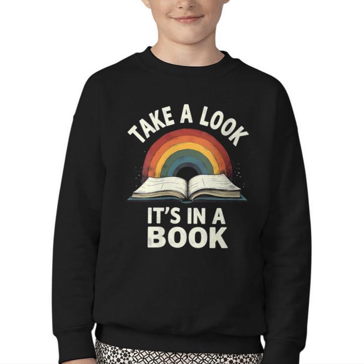 Retro Rainbow Take A Look It's In A Book Reading Youth Crewneck Sweatshirt
