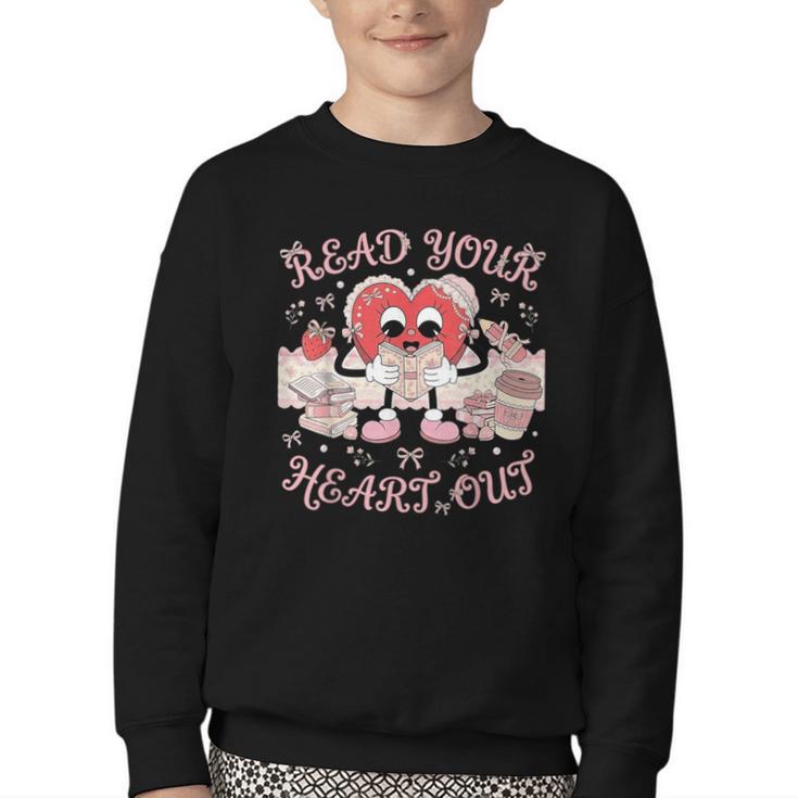 Retro Read Your Heart Out Valentine’s Day Teacher Book Lover Youth Crewneck Sweatshirt