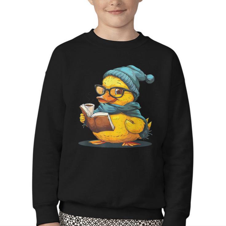 Rubber Duck Reading Book Rubber Duckie Reader Coffee Lover Youth Crewneck Sweatshirt