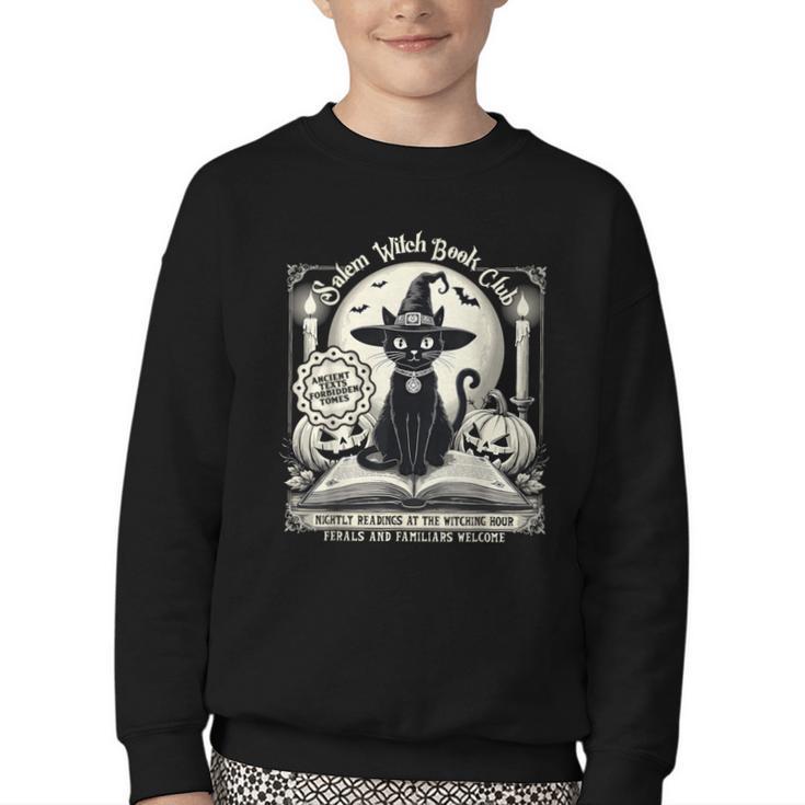 Salem Witch Book Club Vintage Halloween Cat Book Lover Youth Crewneck Sweatshirt