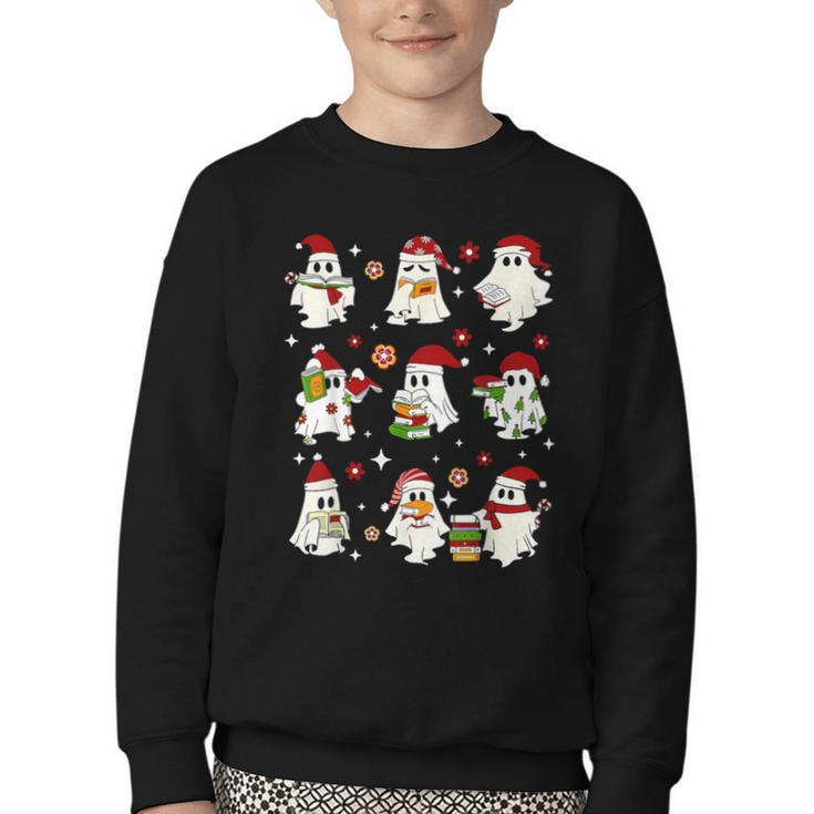 Santa Ghost Reading Books Christmas Library Teacher Youth Crewneck Sweatshirt