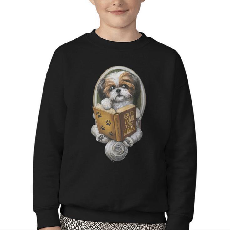 Shih Tzu Book How To Train Your Human Funny Dog Motif Youth Crewneck Sweatshirt