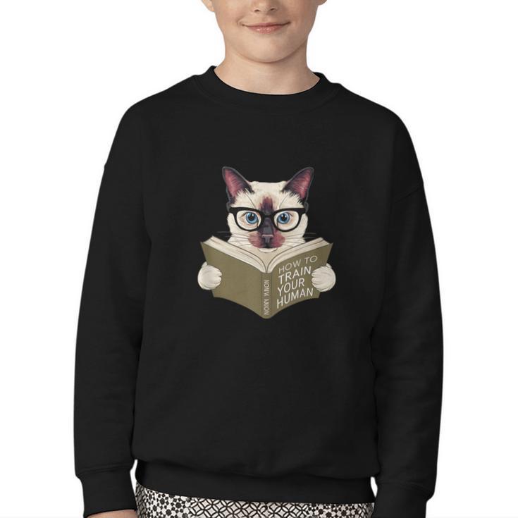 Siamese Cat Reading Book How To Train Your Human Humorous Youth Crewneck Sweatshirt