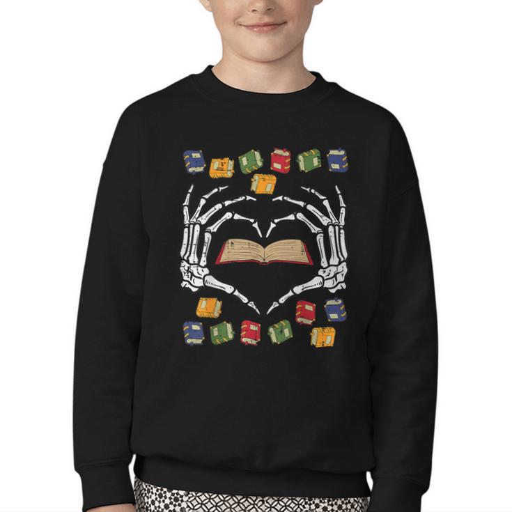 Skeleton Heart Read Reading Book Librarian Halloween Women Youth Crewneck Sweatshirt