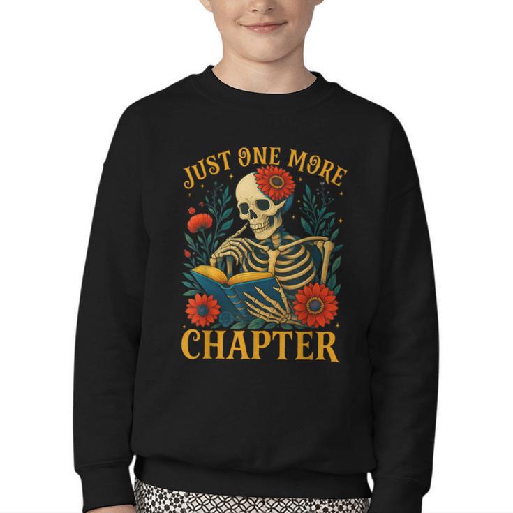 Skeleton Read Book Just One More Chapter Floral Book Lover Youth Crewneck Sweatshirt