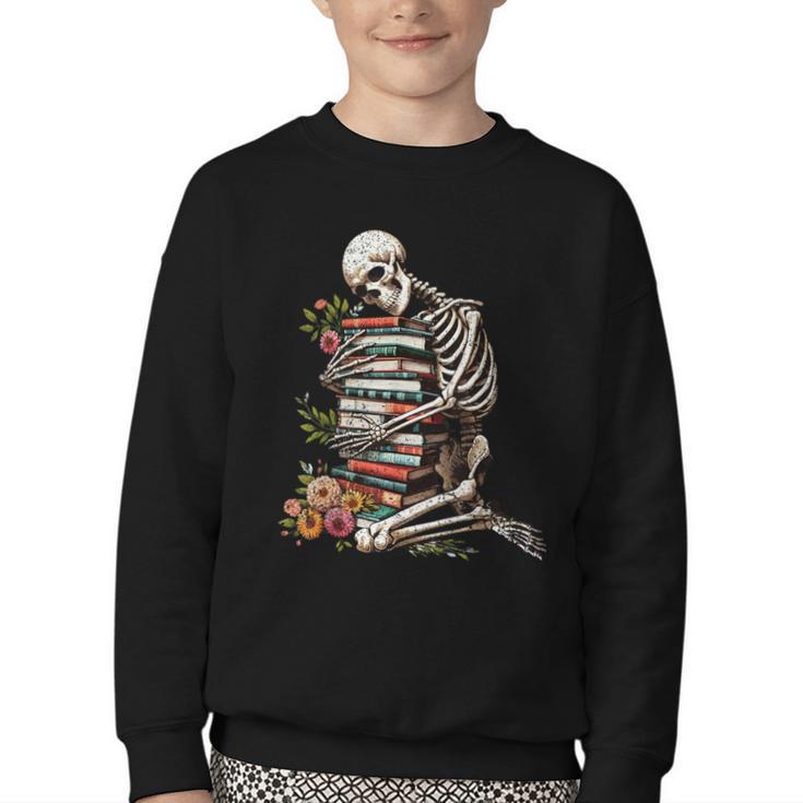 Skeleton Reading Book Halloween Bookworm Bibliophile Reader Youth Crewneck Sweatshirt