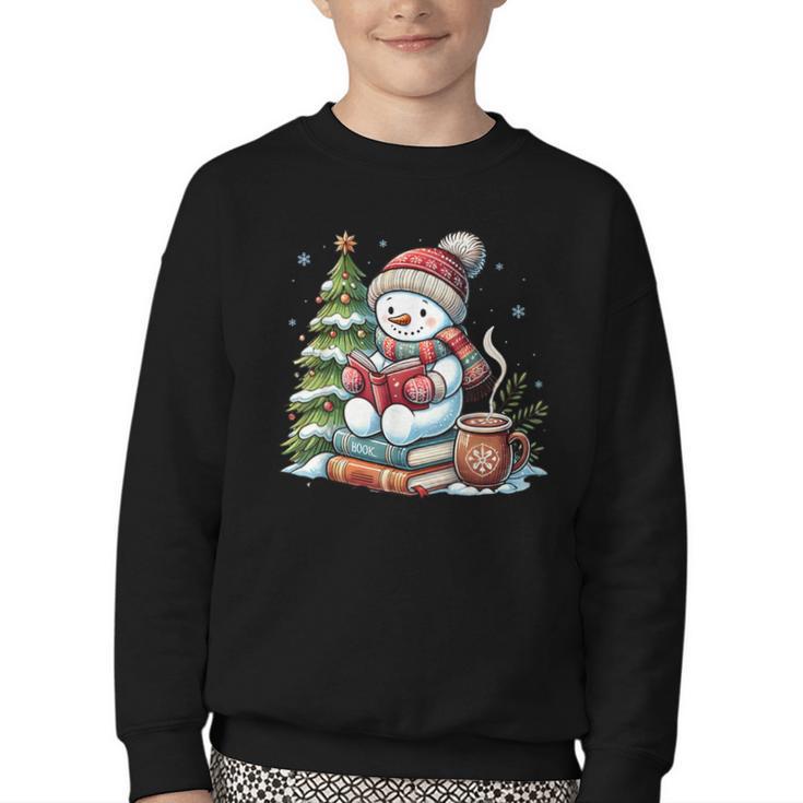 Snowman Reading Book Lovers Christmas Librarian Bookworm Youth Crewneck Sweatshirt