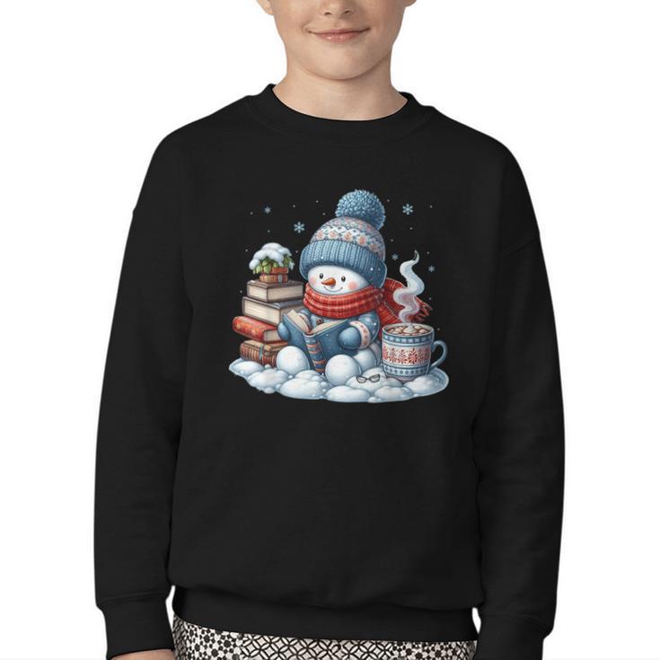Snowman Reading Books Lovers Librarian Bookworm Christmas Youth Crewneck Sweatshirt