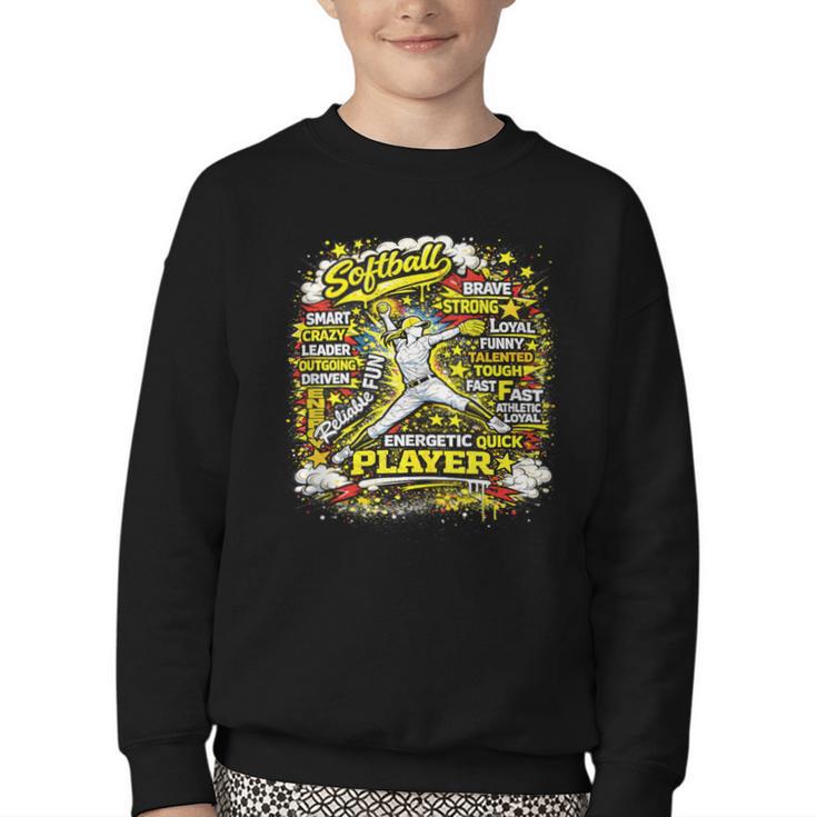 Softball Pitcher Best Traits Brave Retro Pop Comic Book Art Youth Crewneck Sweatshirt