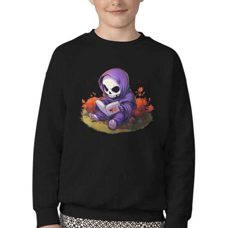 Spooky Grim Reaper Reading A Book Cute Creepy Halloween Youth Crewneck Sweatshirt