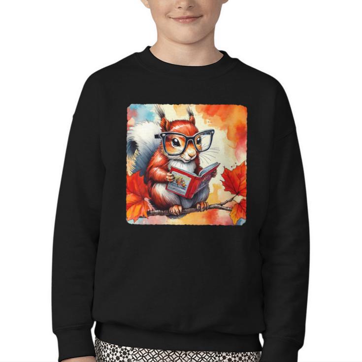 Squirrel Reading Comic Book On Autumn Branch Glasses Leaves Youth Crewneck Sweatshirt