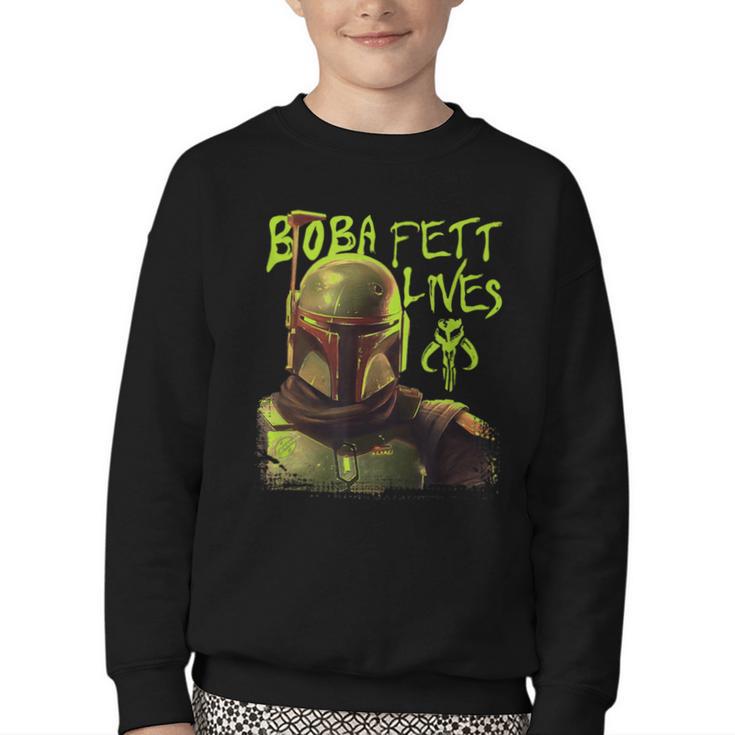 Star Wars The Book Of Boba Fett Neon Boba Fett Lives Poster Youth Crewneck Sweatshirt