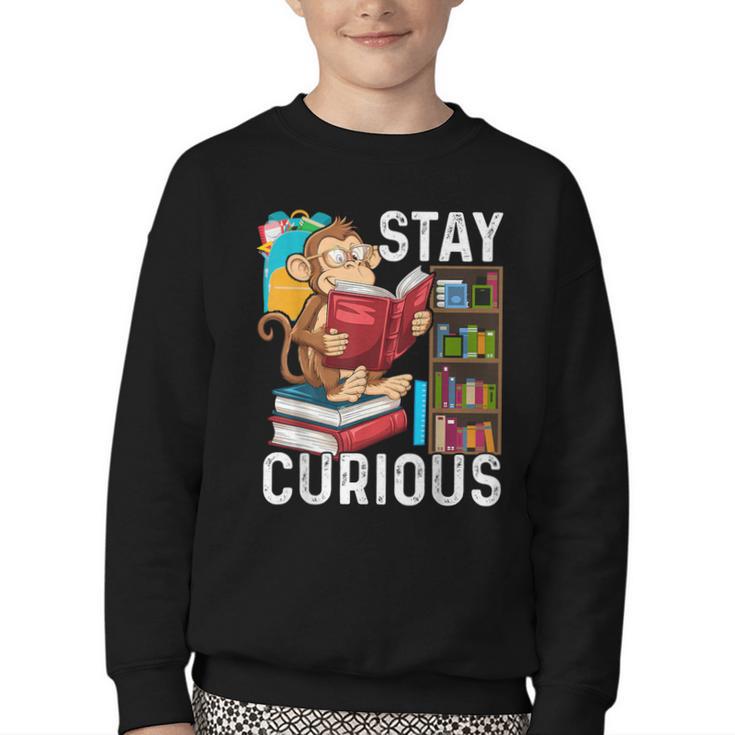 Stay Curious Monkey Reading Book Lover Bookworm Youth Crewneck Sweatshirt