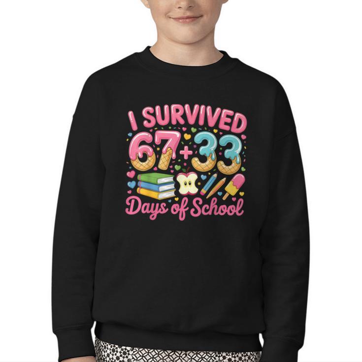 Survived 67 Days Of School Ice Cream Drip Apple Pencil Book Youth Crewneck Sweatshirt