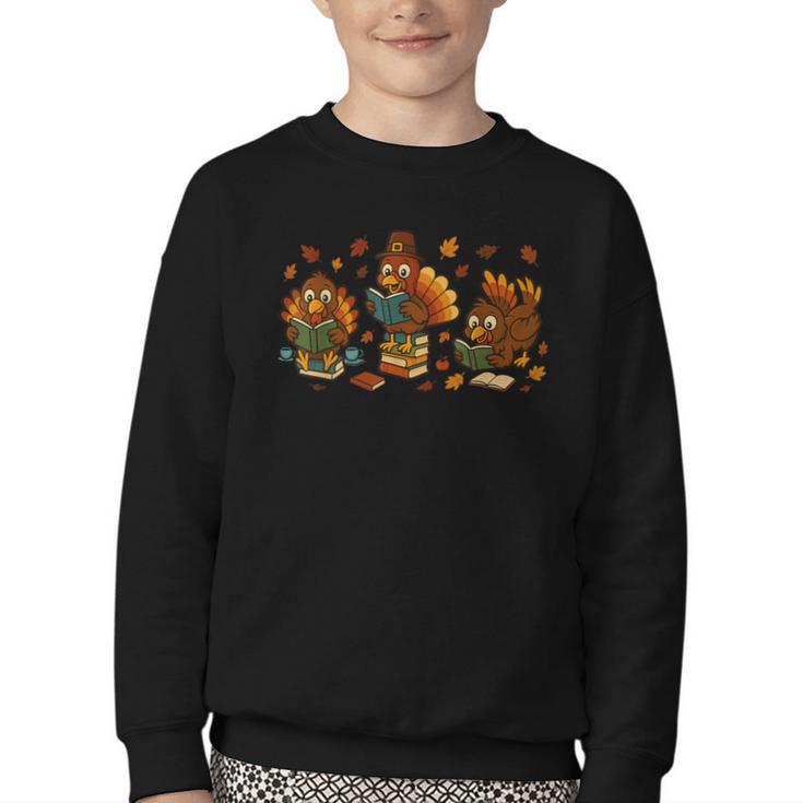 Teacher Fall Thanksgiving Turkey Reading Books Lovers Youth Crewneck Sweatshirt