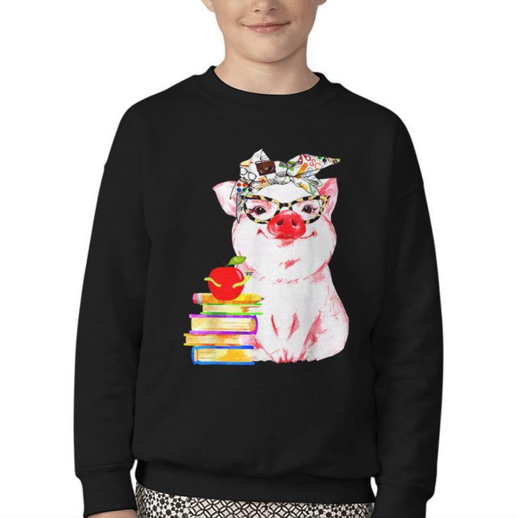 Teacher Pig Cute Farm Animal Book Lover School Student For Men Women Kids Youth Crewneck Sweatshirt