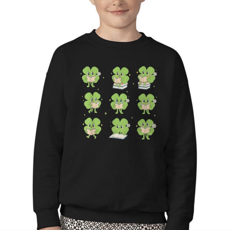Teacher Reading Shamrock St Patrick’s Day Book Lover Kids Youth Crewneck Sweatshirt