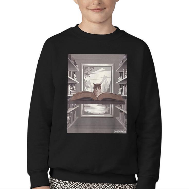 Totally Weird Tees Cat Library Book Reading Literary Youth Crewneck Sweatshirt