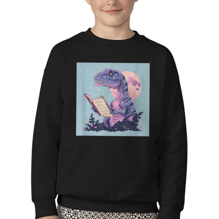 Trex Reading Book Dinosaur Youth Crewneck Sweatshirt