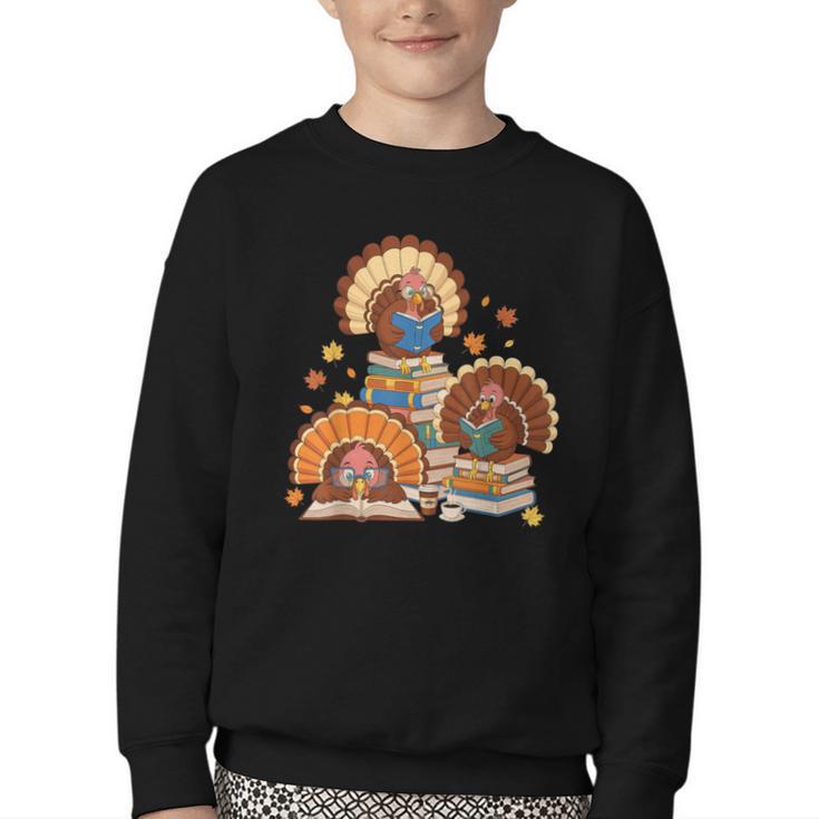 Turkey Read Books Reading Fall Thanksgiving Teacher Youth Crewneck Sweatshirt