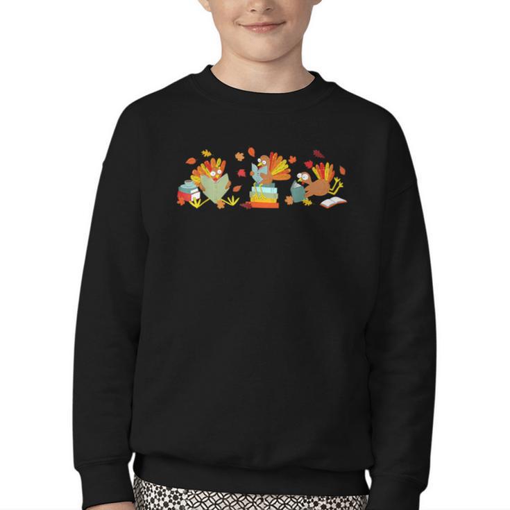 Turkey Reading Books Fall Thanksgiving Teacher Book Lovers Youth Crewneck Sweatshirt
