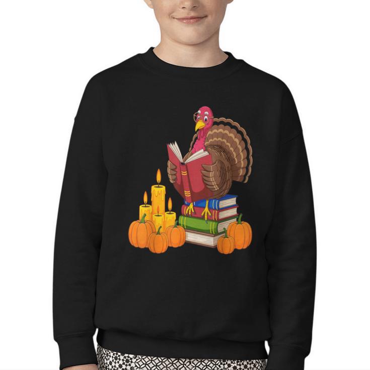 Turkey Reading Books Fall Thanksgiving Teacher Book Youth Crewneck Sweatshirt