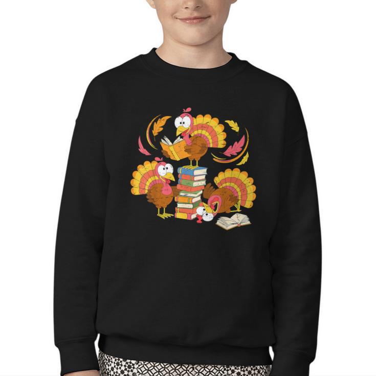 Turkey Reading Books Fall Thanksgiving Teacher Librarian Youth Crewneck Sweatshirt