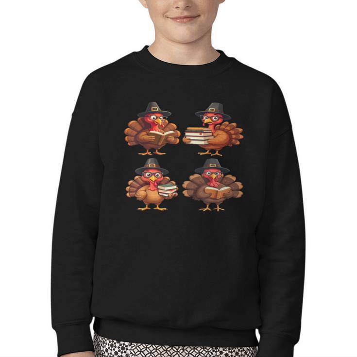 Turkey Reading Books Shirt Thanksgiving Turkey Bookworm Youth Crewneck Sweatshirt