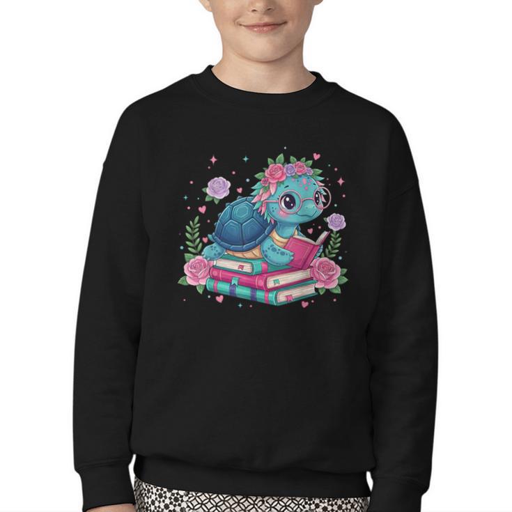 Turtle Bookworm Reading Book Bookworm Book Nerd Cute Graphic Youth Crewneck Sweatshirt