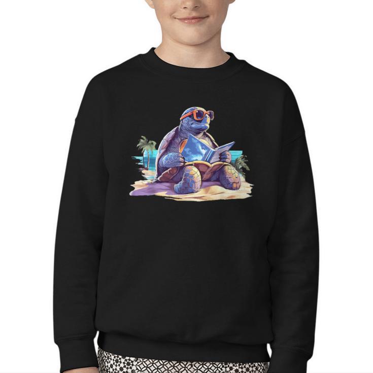 Turtle Wearing Sunglasses Reading A Book On The Beach Summer Youth Crewneck Sweatshirt