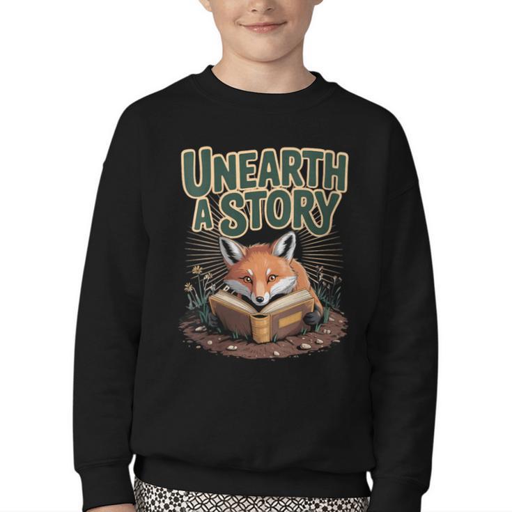 Unearth A Story Fox Reads a Book Youth Crewneck Sweatshirt