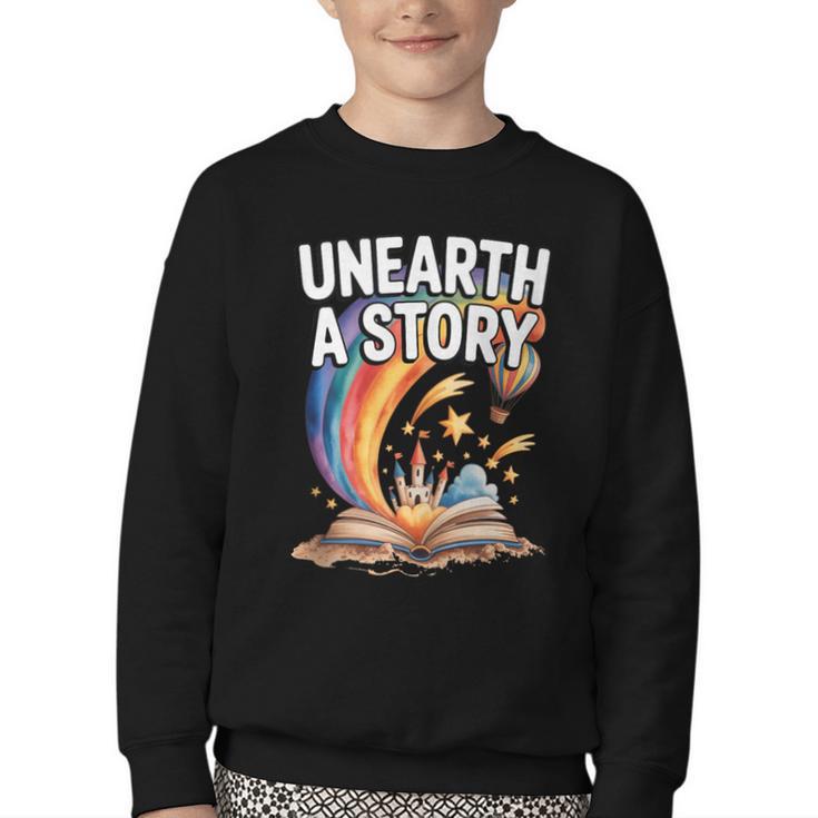 Unearth A Story Rainbow Treasure Book Youth Crewneck Sweatshirt