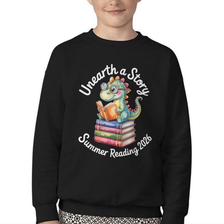 Unearth a Story Summer Reading 2026 Book Lover Dino Fun Youth Crewneck Sweatshirt