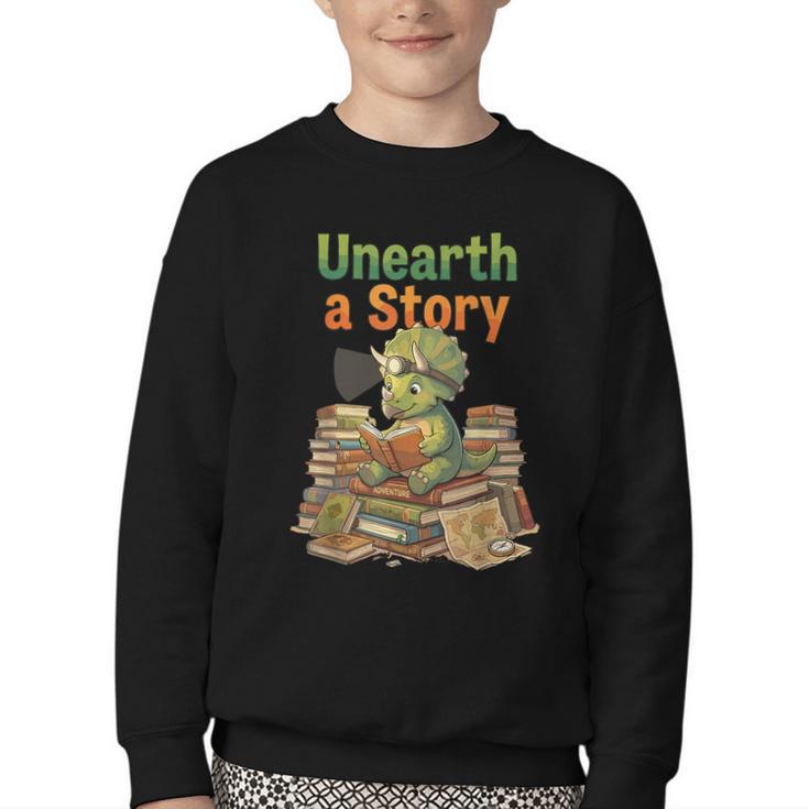 Unearth a Story Triceratops Dinosaur Reading Books Cute Dino Youth Crewneck Sweatshirt