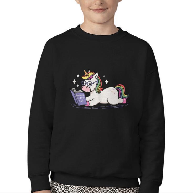 Unicorn Bookworm Believe In Yourself Cute And Inspirational Youth Crewneck Sweatshirt