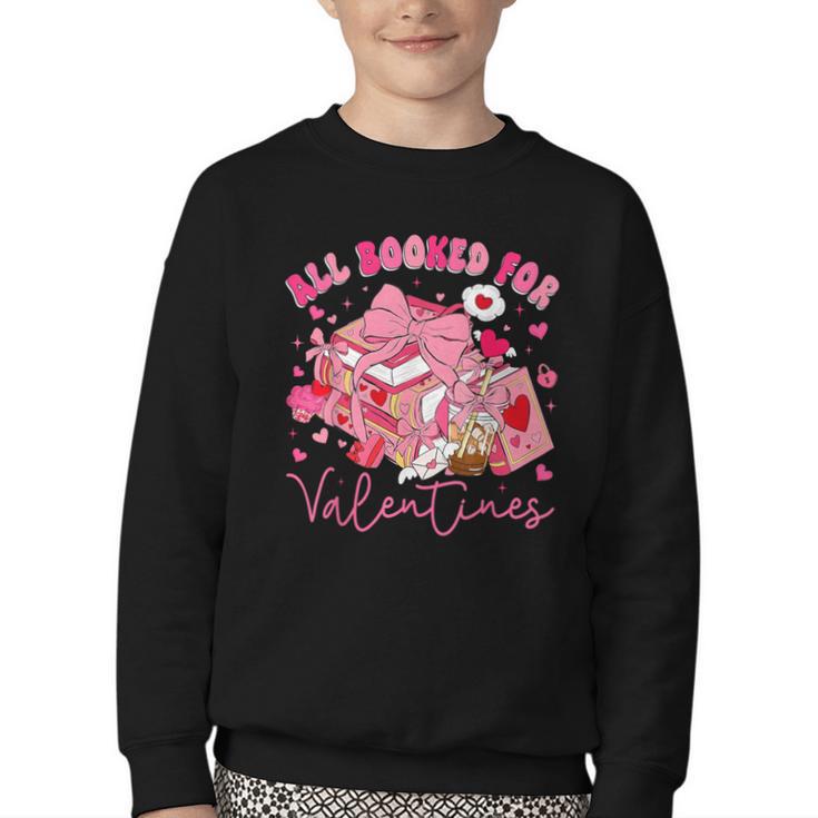 Valentine All Booked Book Coffee Coquette Bow Girl Women Youth Crewneck Sweatshirt