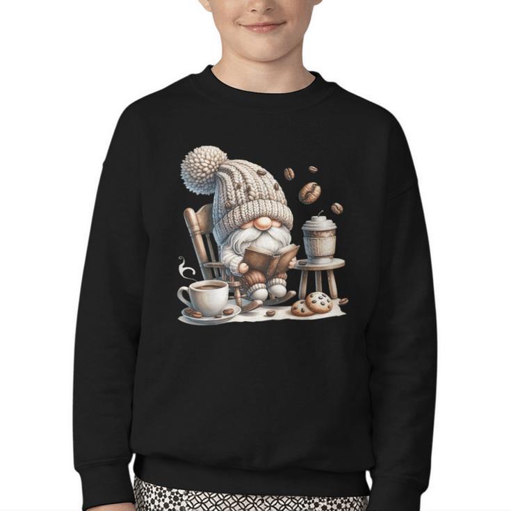 Vintage Cute Gnome Reading Book Coffee Cute Gnome Graphic Youth Crewneck Sweatshirt