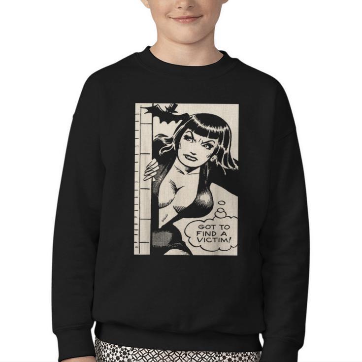 Vintage Vampire Bat Vampire Pin Up Girl Horror Comic Book Youth Crewneck Sweatshirt