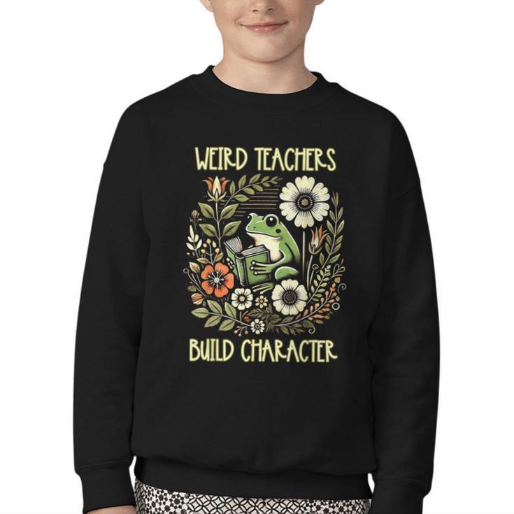 Weird Teachers Build Character Frog Reading Book Librarian Youth Crewneck Sweatshirt