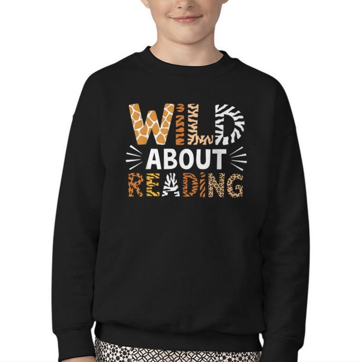 Wild About Reading Animal Bookworm Library Book Lover Reader Youth Crewneck Sweatshirt
