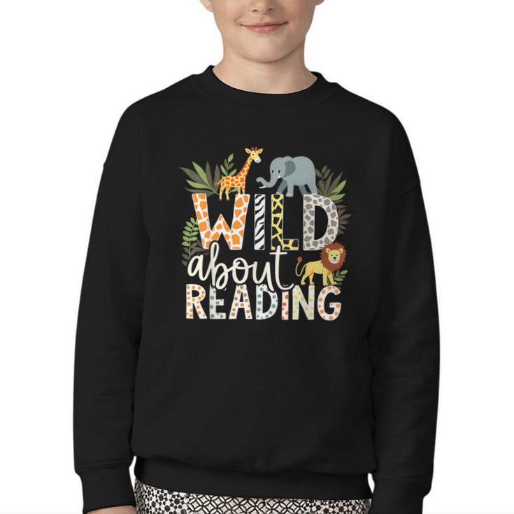 Wild About Reading Animals And Book Lovers Youth Crewneck Sweatshirt