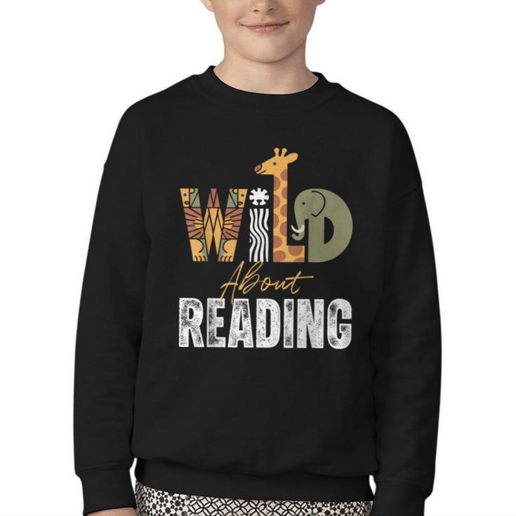 Wild About Reading Books Animal Theme Bookworm Library Day Youth Crewneck Sweatshirt