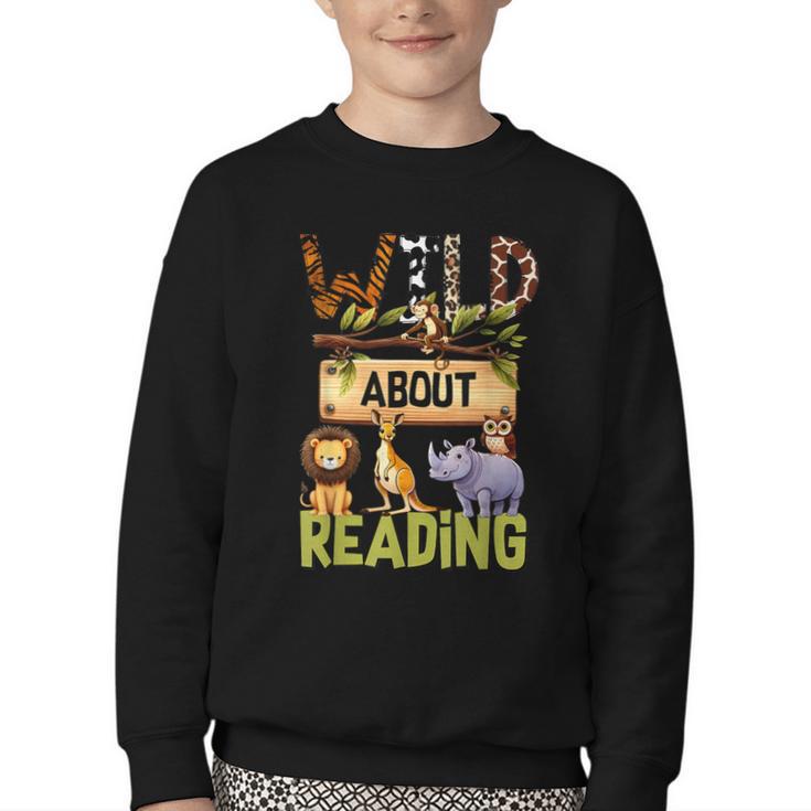 Wild About Reading Reading Books And Bookworm Library Day Youth Crewneck Sweatshirt