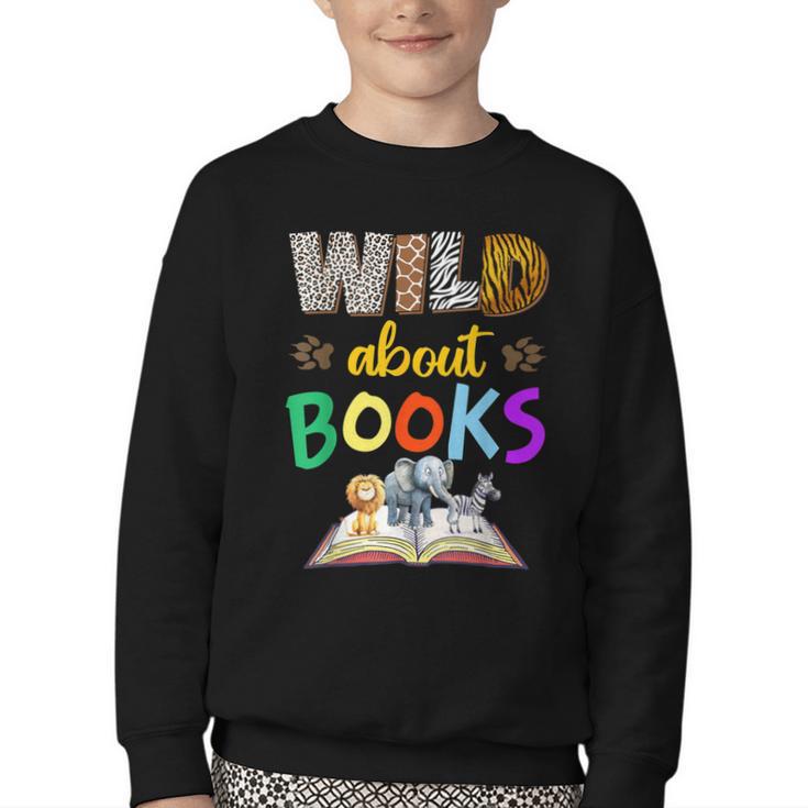 Wild About Reading Books Reader Bookworm Animals Book Lover Youth Crewneck Sweatshirt
