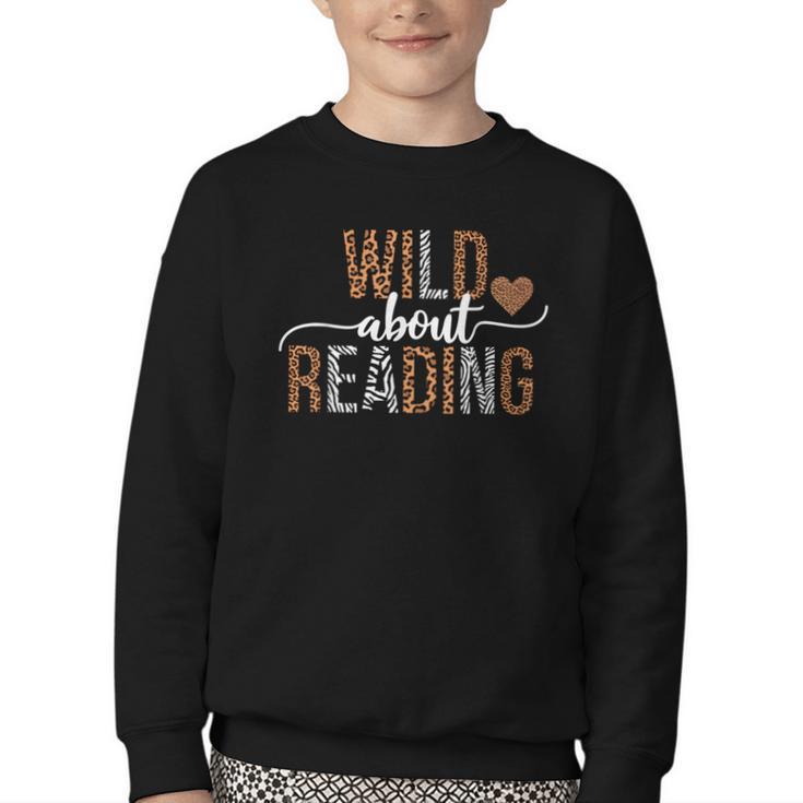 Wild About Reading Books Reader Lover Librarian Bookworm Youth Crewneck Sweatshirt