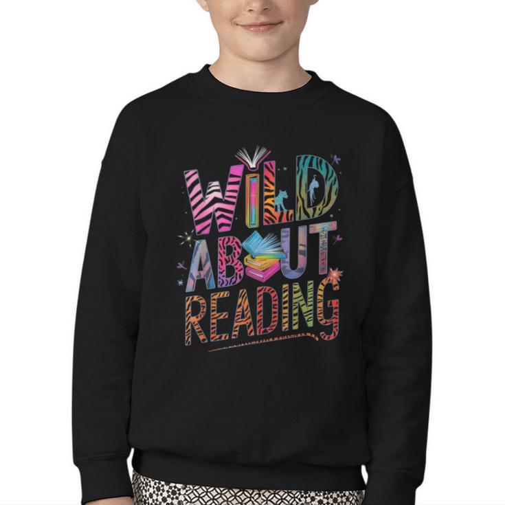Wild About Reading Books Readers Lovers Bookworm Library Day Youth Crewneck Sweatshirt
